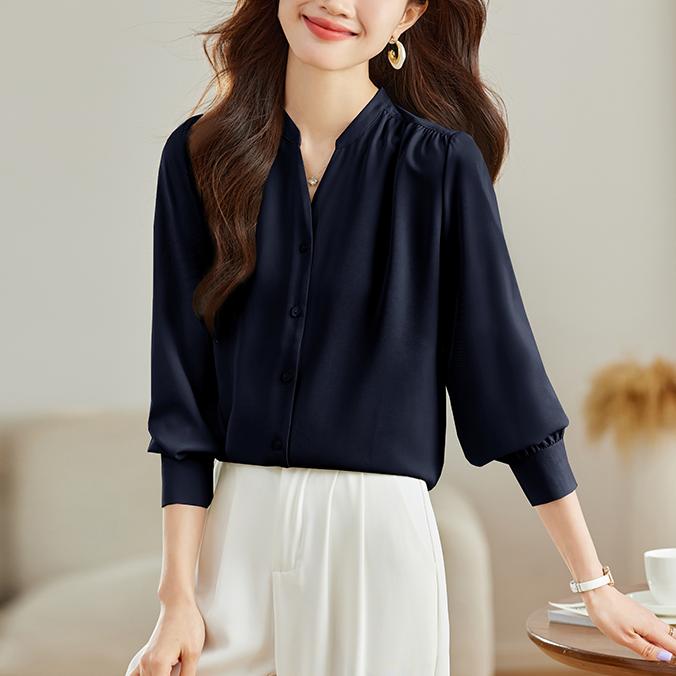 韓版百搭長袖V領襯衫