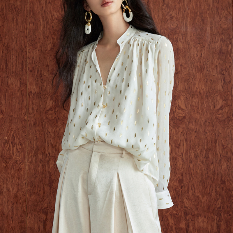 燙金雪紡金葉圖案立領襯衫