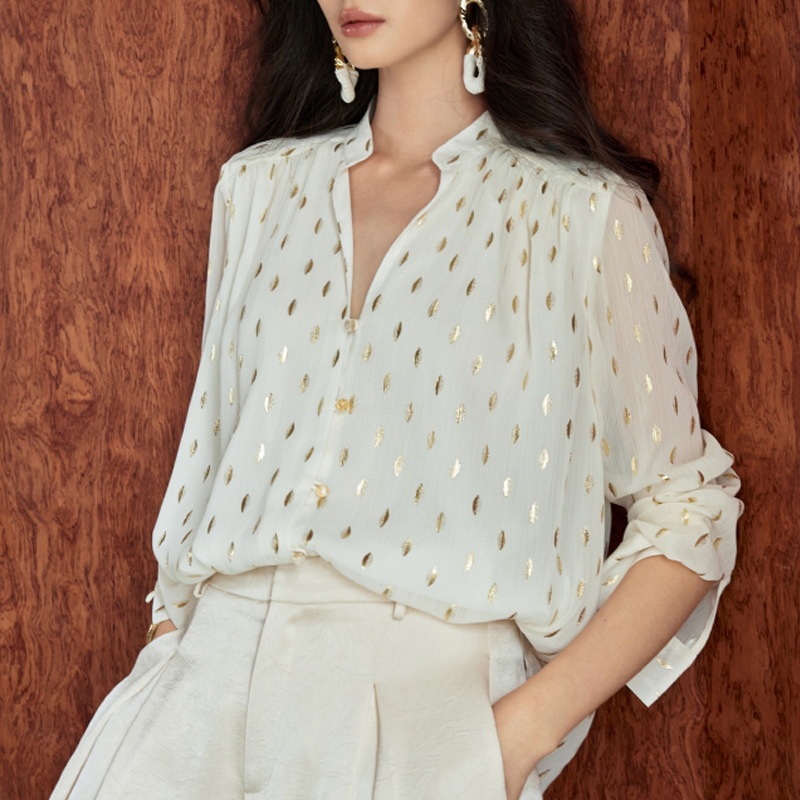 燙金雪紡金葉圖案立領襯衫