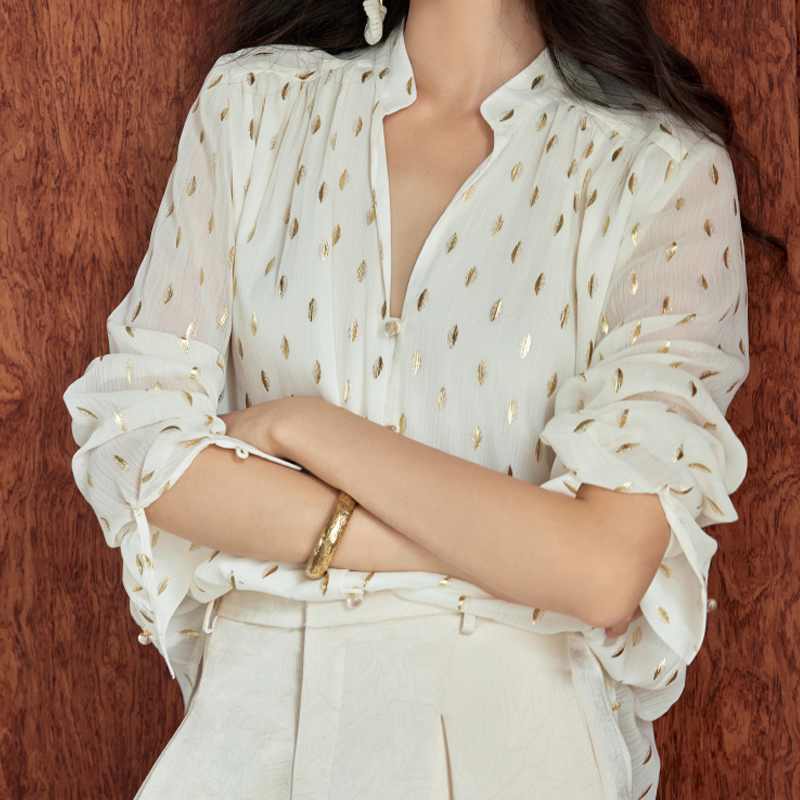 燙金雪紡金葉圖案立領襯衫