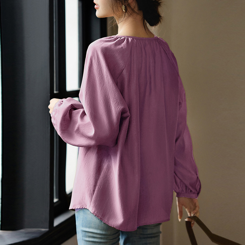 減齡法式純色圓領長袖襯衫