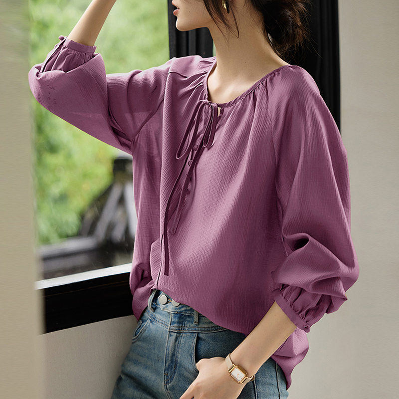 減齡法式純色圓領長袖襯衫