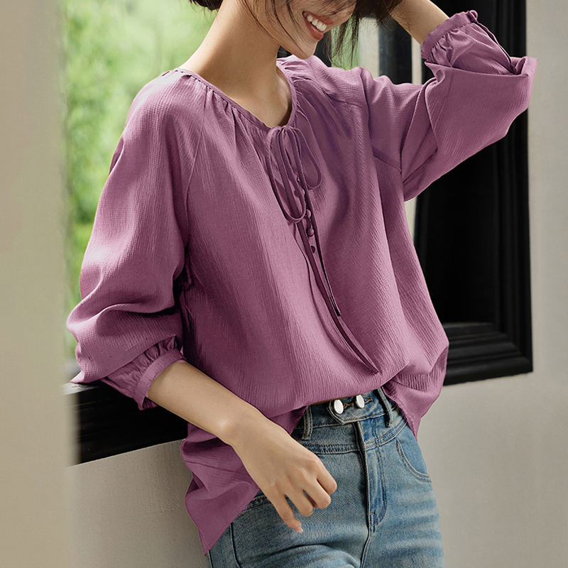 減齡法式純色圓領長袖襯衫