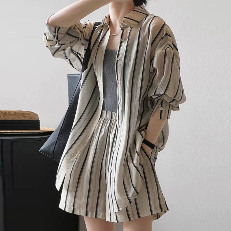 休閒長袖條紋防曬襯衫高腰短褲兩件套