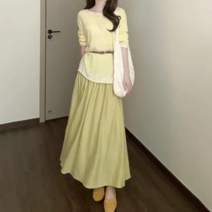 法式氣質純色毛衣半身裙兩件套（不送腰帶）【分開訂購】