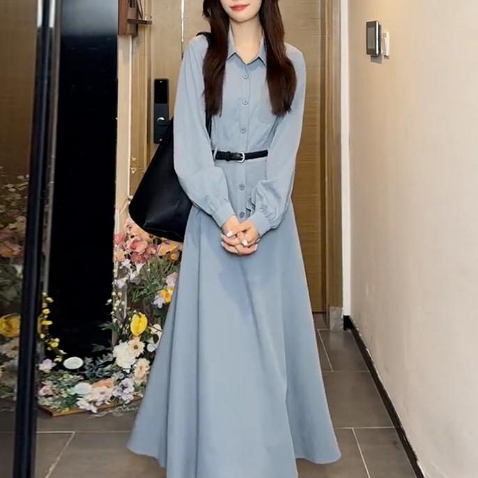 氣質純色襯衫長袖連身裙