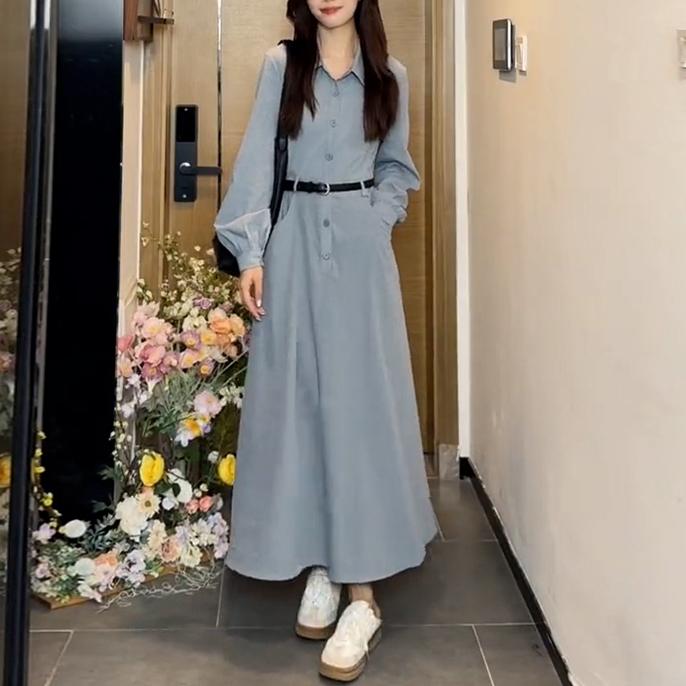氣質純色襯衫長袖連身裙