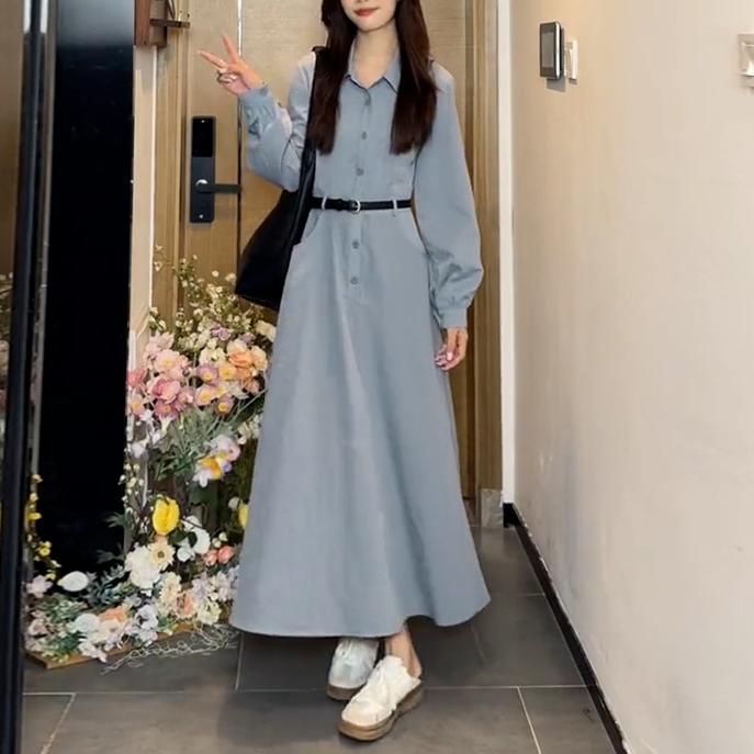 氣質純色襯衫長袖連身裙