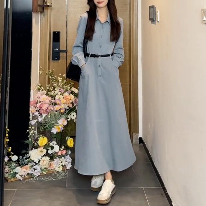 氣質純色襯衫長袖連身裙