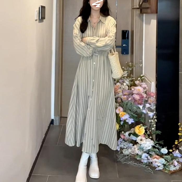 韓版溫柔繫條紋設計連身裙