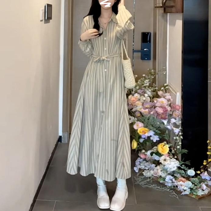 韓版溫柔繫條紋設計連身裙