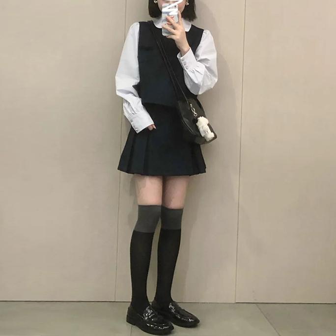 法式襯衫背心疊穿半身裙三件套【分開訂購】