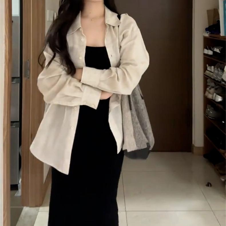 法式原麻色襯衫無袖吊帶洋裝套裝【分開訂購】