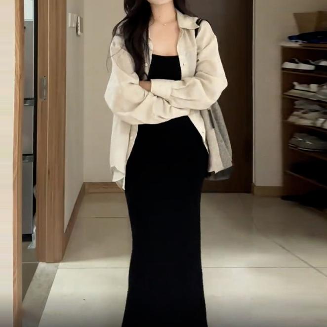 法式原麻色襯衫無袖吊帶洋裝套裝【分開訂購】