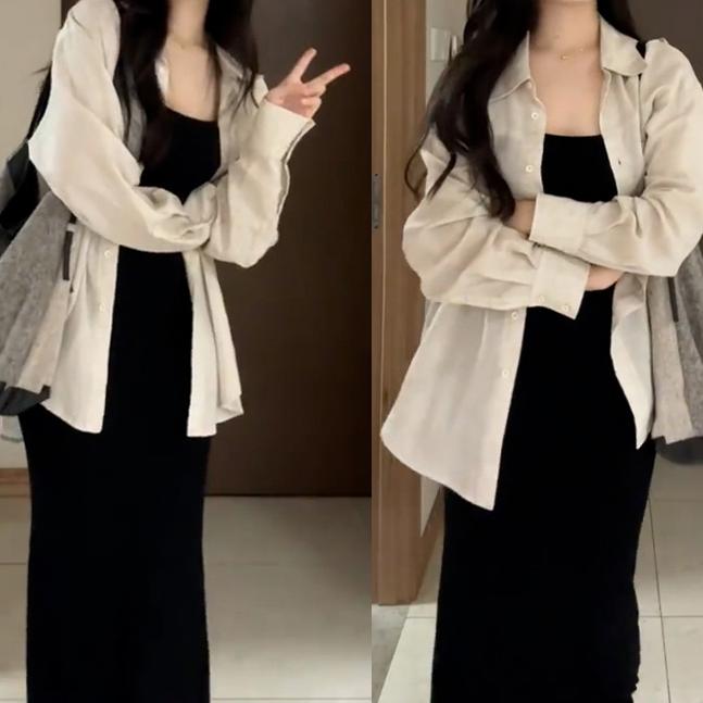 法式原麻色襯衫無袖吊帶洋裝套裝【分開訂購】