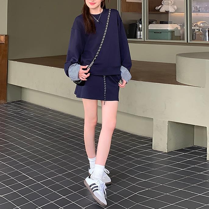 韓系純色長袖半身裙衛衣套裝