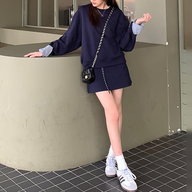 韓系純色長袖半身裙衛衣套裝