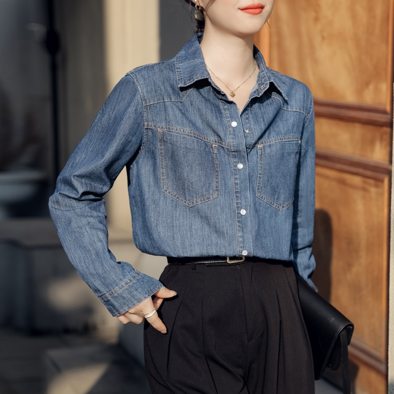 復古純色翻領牛仔襯衫