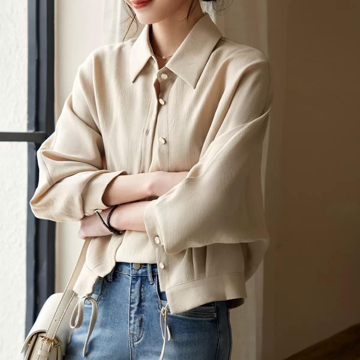 休閒簡約短版純色襯衫外套