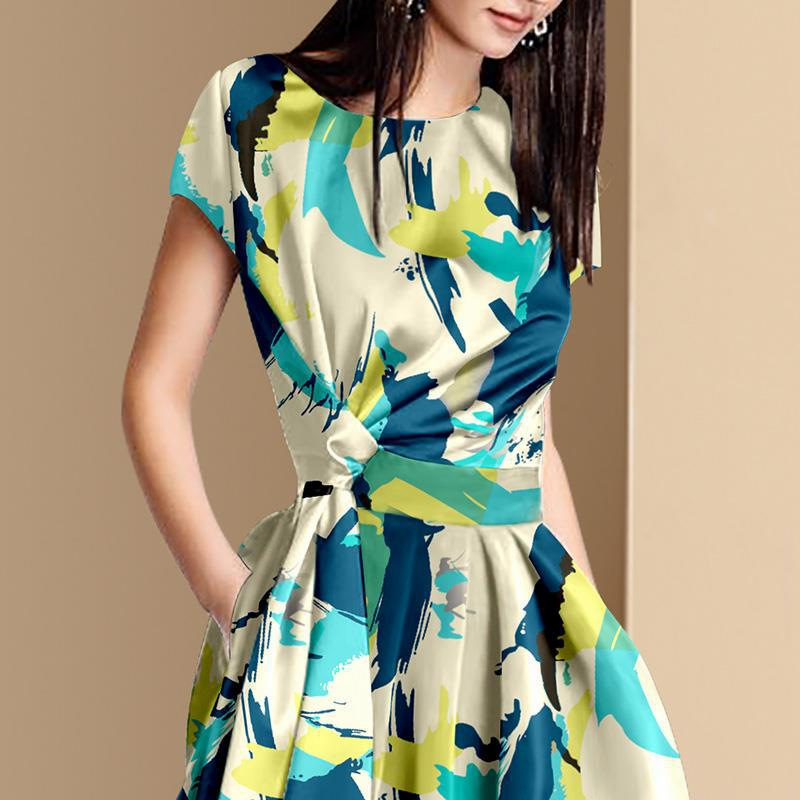 法式個性印花短袖連身裙