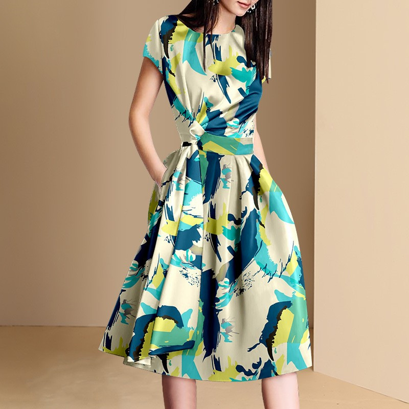 法式個性印花短袖連身裙