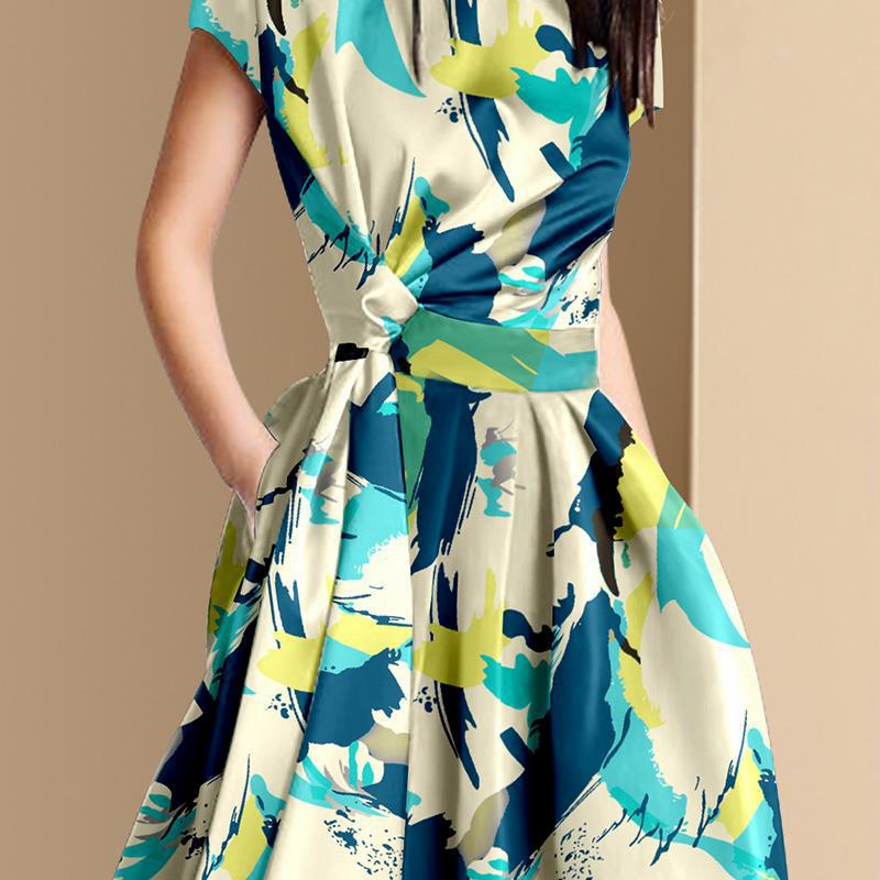 法式個性印花短袖連身裙