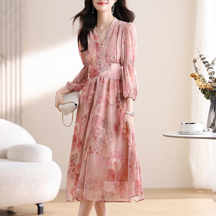 百搭碎花收腰燈籠袖連身裙