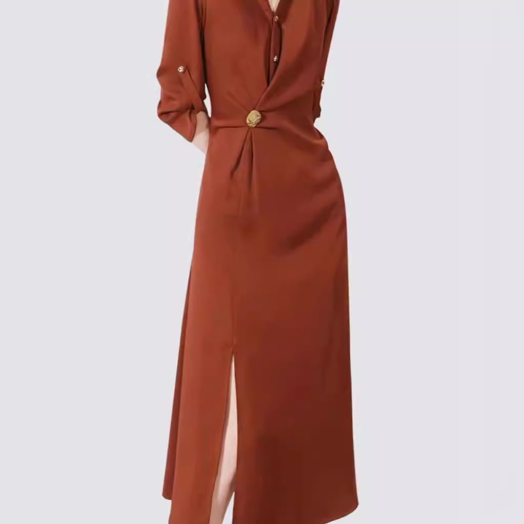 復古性感純色開衩洋裝