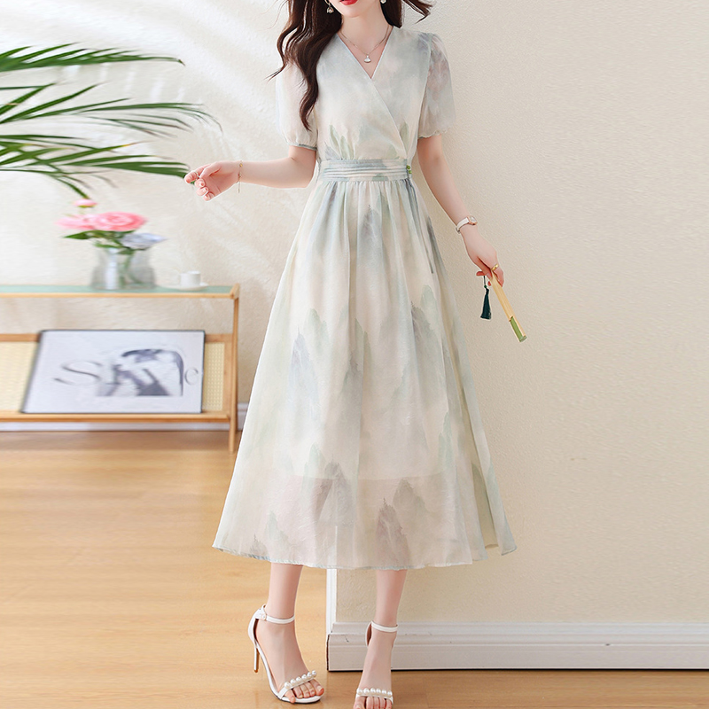 法式浪漫山水暈染連身裙