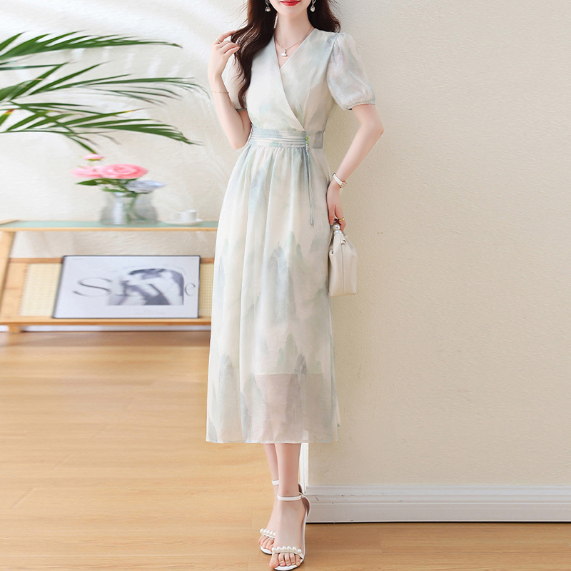 法式浪漫山水暈染連身裙