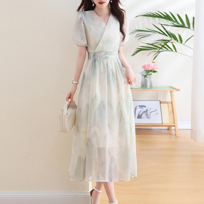 法式浪漫山水暈染連身裙