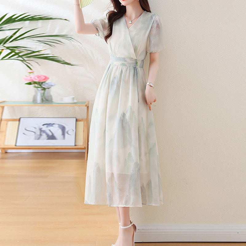 法式浪漫山水暈染連身裙