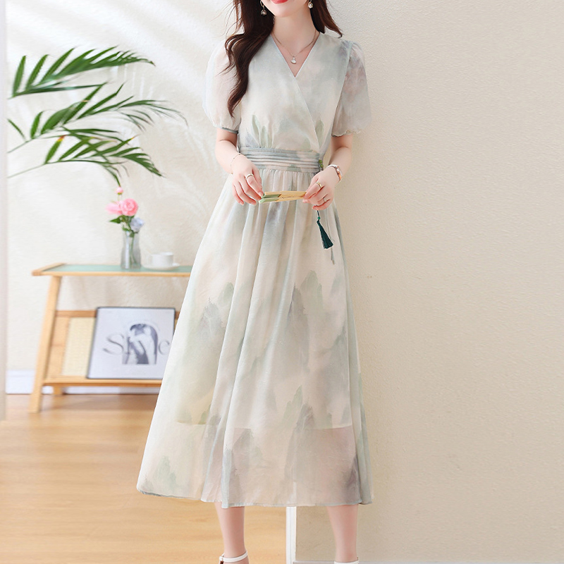 法式浪漫山水暈染連身裙