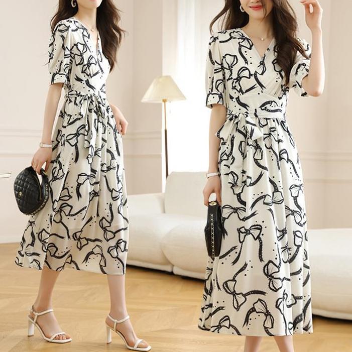 韓版溫柔蝴蝶結印花連身裙