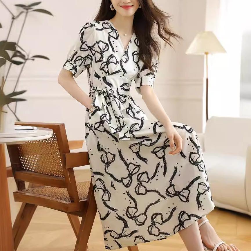 韓版溫柔蝴蝶結印花連身裙