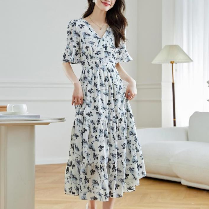 清新短袖V領雪紡碎花荷葉袖連身裙