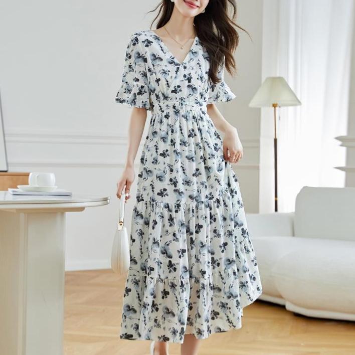 清新短袖V領雪紡碎花荷葉袖連身裙