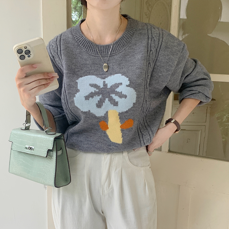 甜美花朵減齡圓領套頭毛衣