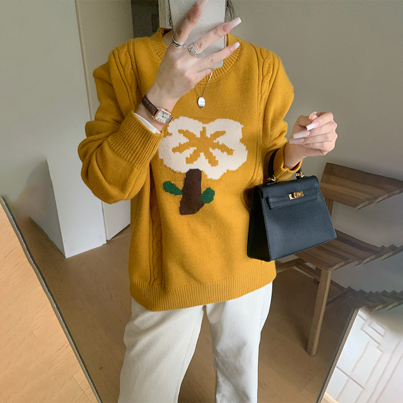 甜美花朵減齡圓領套頭毛衣
