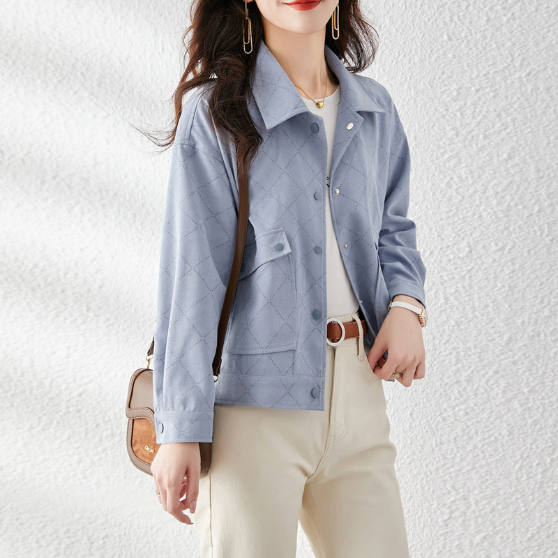 百搭菱格紋口袋拼接單排扣外套