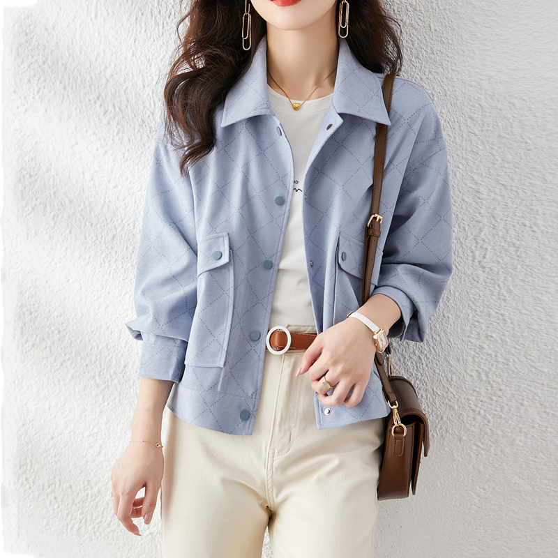 百搭菱格紋口袋拼接單排扣外套