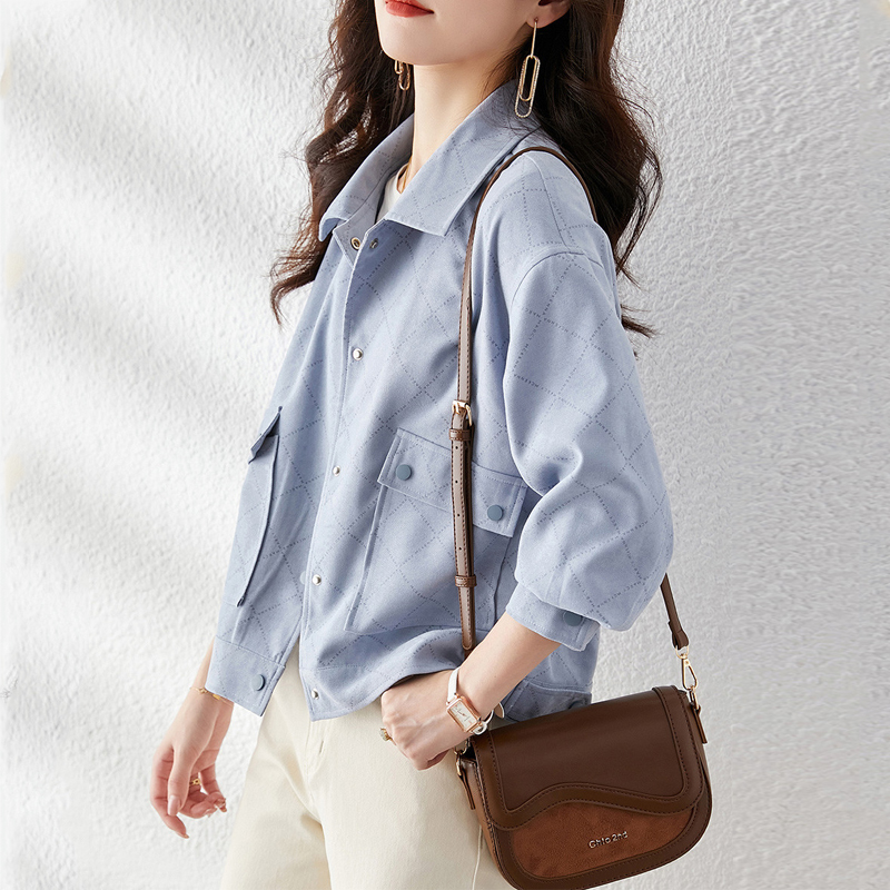 百搭菱格紋口袋拼接單排扣外套