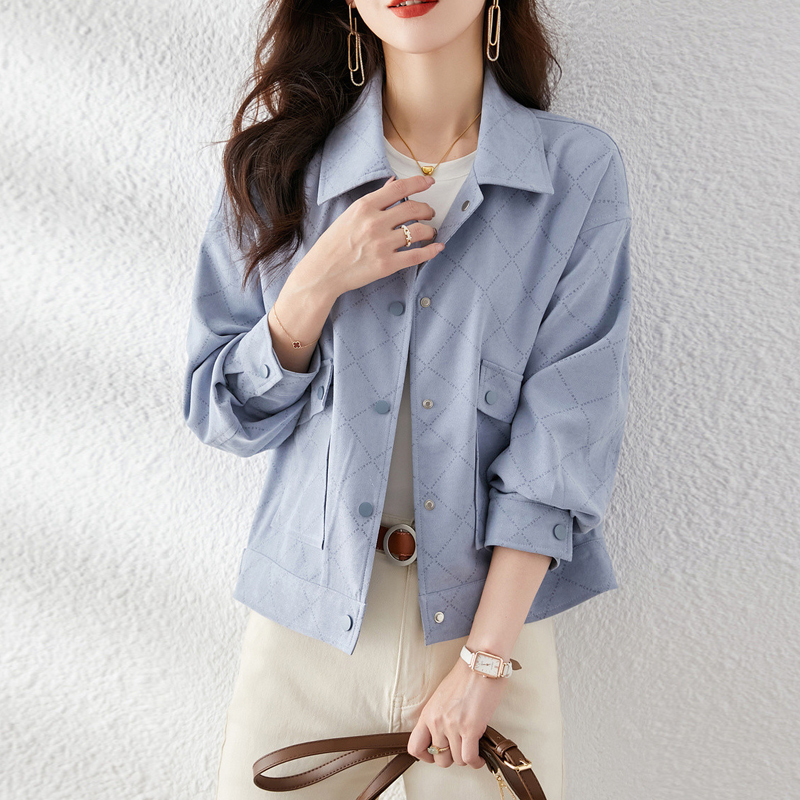 百搭菱格紋口袋拼接單排扣外套