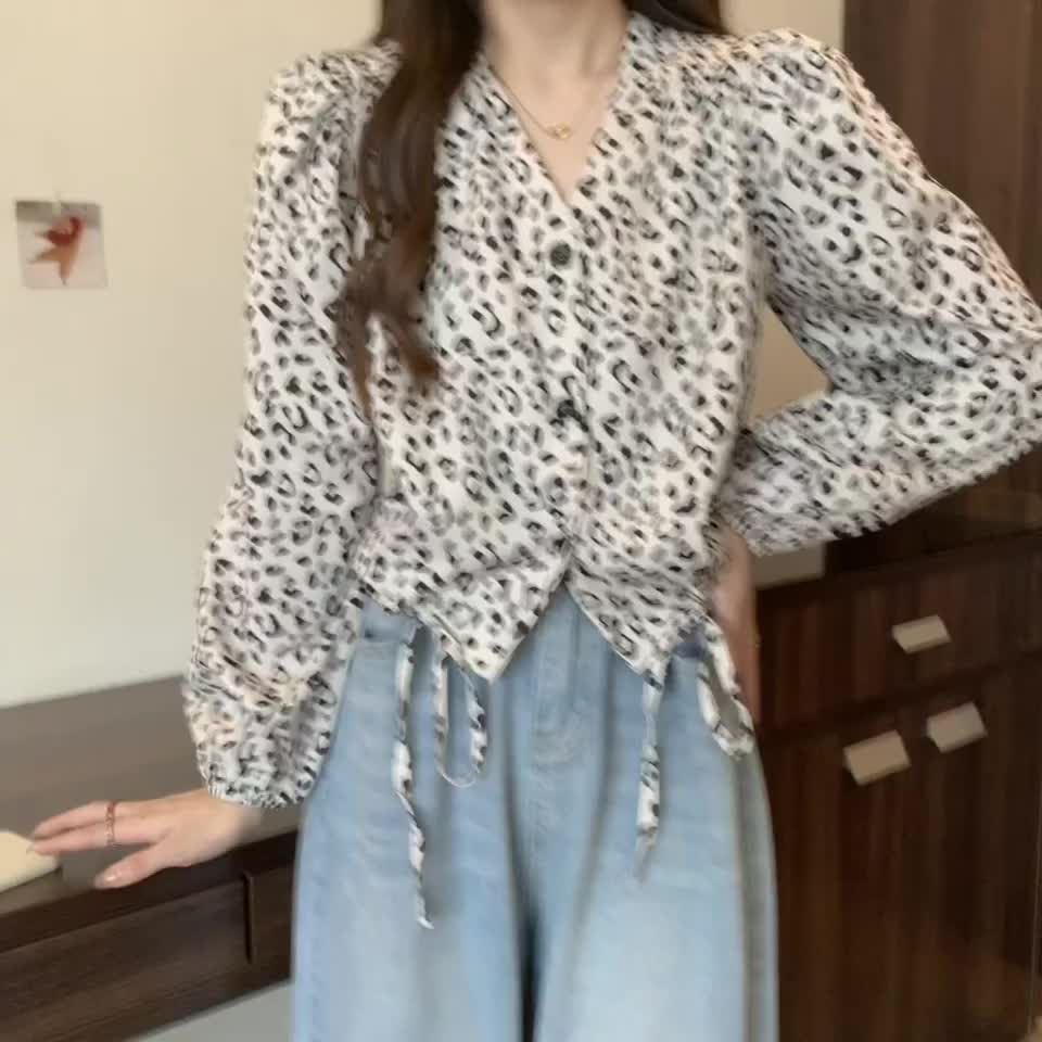 設計感豹紋V領繫帶襯衫