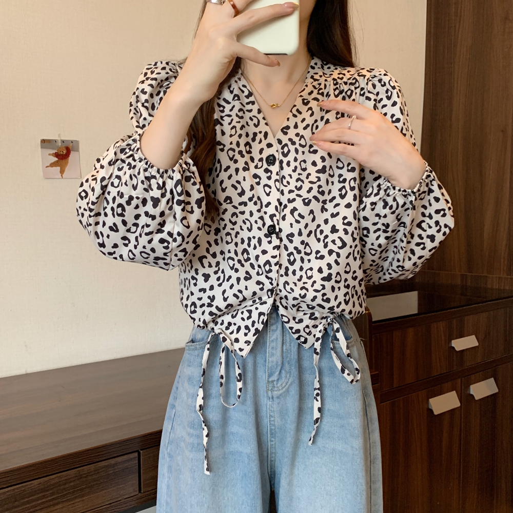 設計感豹紋V領繫帶襯衫