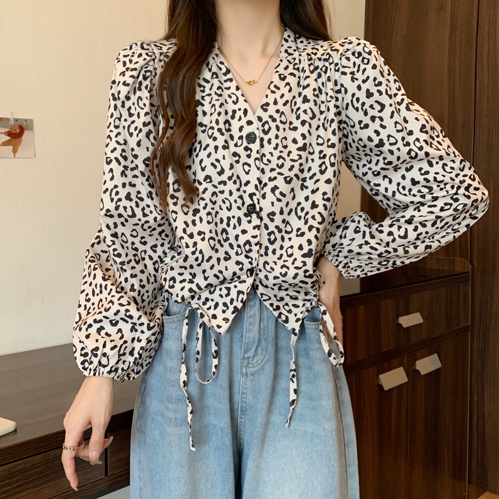 設計感豹紋V領繫帶襯衫