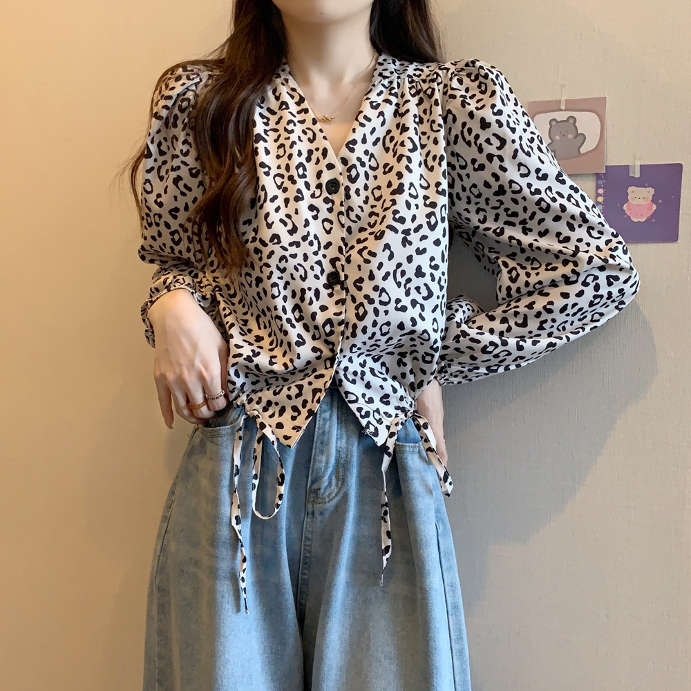 設計感豹紋V領繫帶襯衫
