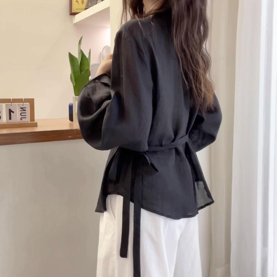 氣質純色V領燈籠長袖襯衫