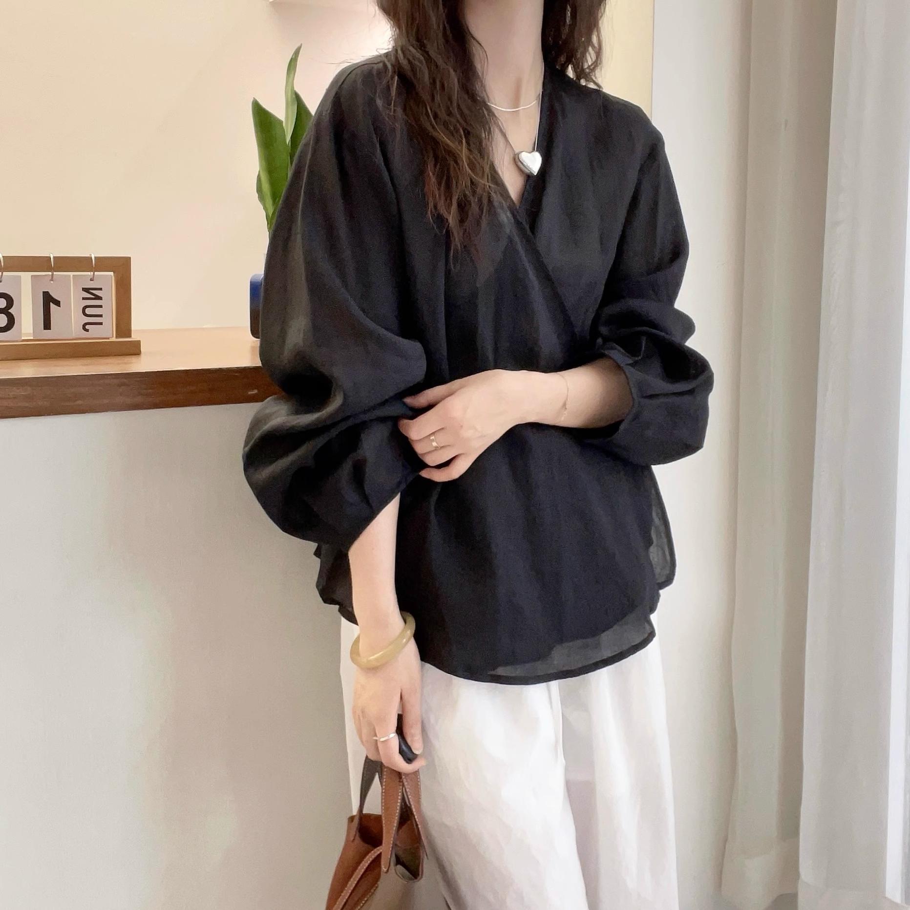 氣質純色V領燈籠長袖襯衫