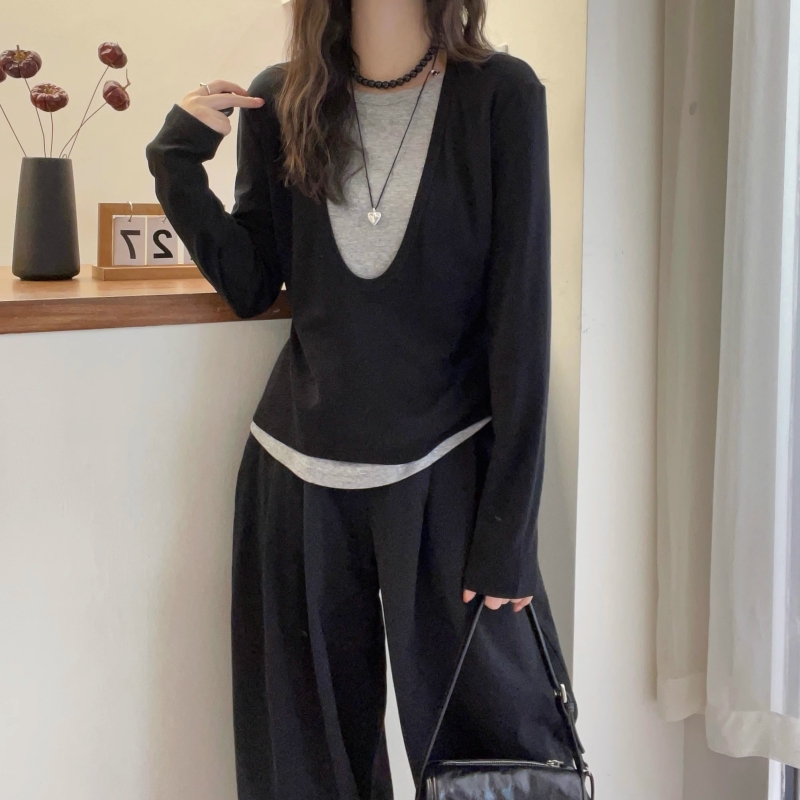 氣質撞色拼接假兩件T恤